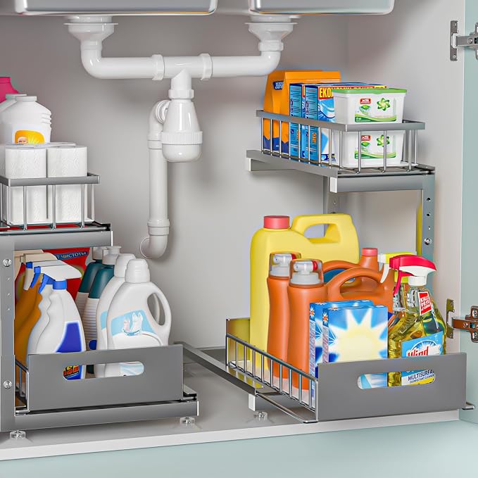 Saydear 2-Pack L-Shaped Under Sink Organizer, 2-Tier Pull-out Cabinet Rack | Grey Height-Adjustable Metal Rack, Sliding Grid Drawers with Safety Stopper, Holds 100 Lbs, Ideal Kitchen Cabinet Storage