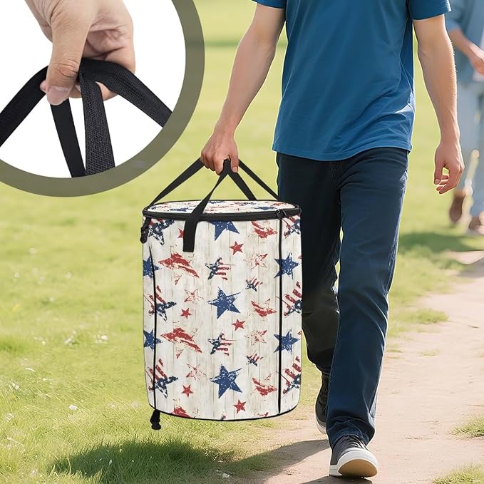 Collapsible Garden Leaf Bin Reusable Container Bag 24 Gallon Large Capacity Foldable Trash Can with Lid and Handle for Camping Outdoor Picnics, American Flag Print