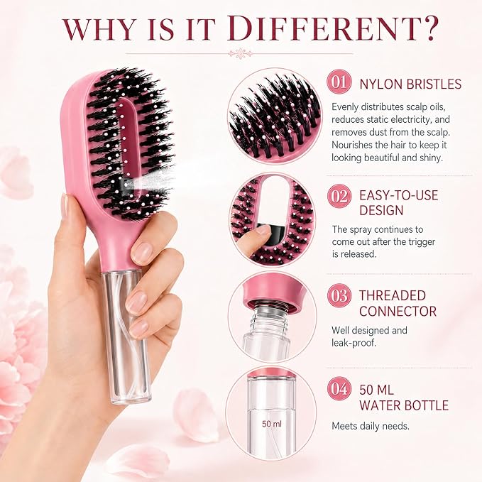 2-in-1 Misting Hair Brush with Built-In Water Spray, Lightweight Anti-Static Mist Comb for Wet & Dry Hair, Smoothing Mist Brush with Fine Continuous Spray for Straight, Curly & Thick Hair (Purple)
