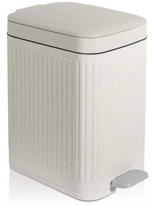 Small Bathroom Trash Can with Lid, 2.6 Gallon Slim Soft Close Step, Cream | Garbage Can with Pedal for Office, Bedroom, Kitchen & Living Room, Narrow Plastic Wastebasket Container for Small Spaces