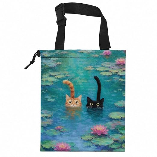 Whimsical Lotus Pond Cat Car Garbage Bag Canvas Trash Can | Orange Black Cat Lovers Gifts Drawstring Car Trash Bag Hanging for Back Seat with Adjustable Buckle