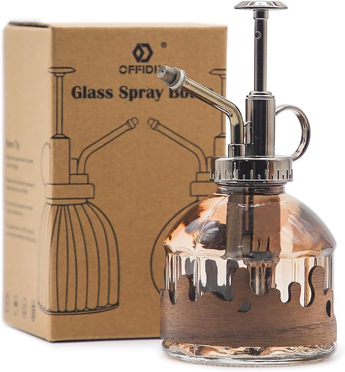 OFFIDIX Glass Plant Mister, Spray Bottle with Vintage Bronze Plastic Pump | Vintage Style Spritzer, Indoor Plant Spray Bottle, 6.3" Tall, 200ml/6.7oz, Small One Hand Watering Can for Garden Cleaning
