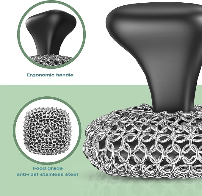 Cast Iron Scrubber Dish Scrub Brush for Cast Iron Pan Skillet | 316 Cast Iron Cleaner, Chain Mail Scrubber Cast Iron, Dish Scouring Pad, Dishwasher Safe, Cleaning Kit, Black