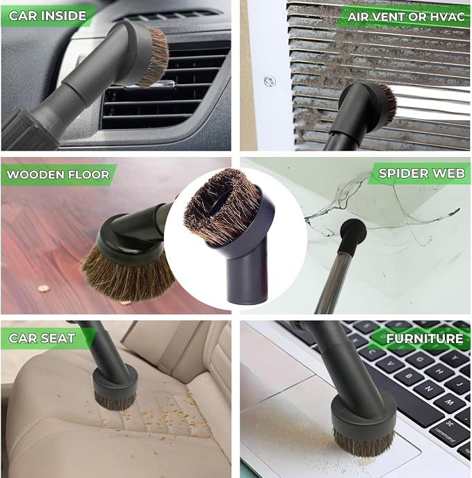 Universal Vacuum Attachments Hardfloor Brush and Replacement Accessories for Vacuum Cleaners - Horsehair Hardwood Floor Attachments and Vacuum Hose Adapter Kit - Vacuum Attachments for Car Detailing