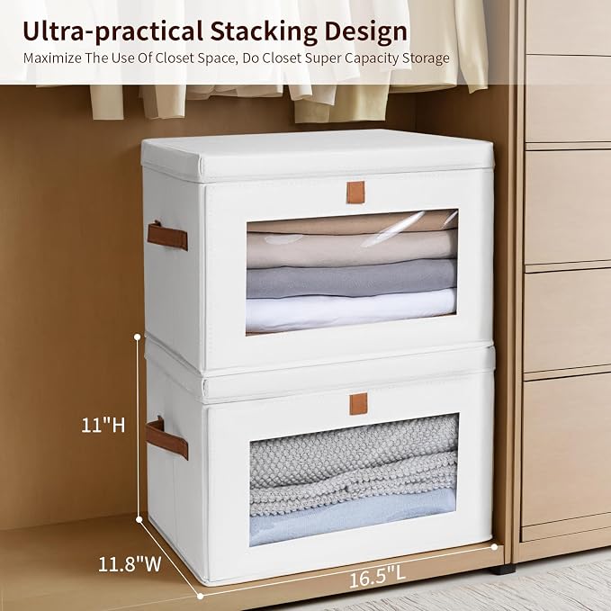 Homsorout Large Closet Storage Bins - Collapsible Clothes Organizer with Handles & Window, Decorative Boxes with Lids, Linen Closet Organizers for Living Room, Dorm, 5 Pack, White