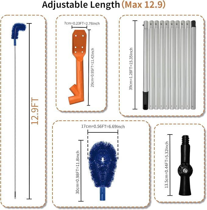 Longtor 12.9ft Aluminum Gutter Cleaning Tools with Brush & Scoop No Ladder | Aluminum pole, brush, scoop, swivel, sturdy lock. For gutters, pools, roofs, windows. Easy ground use