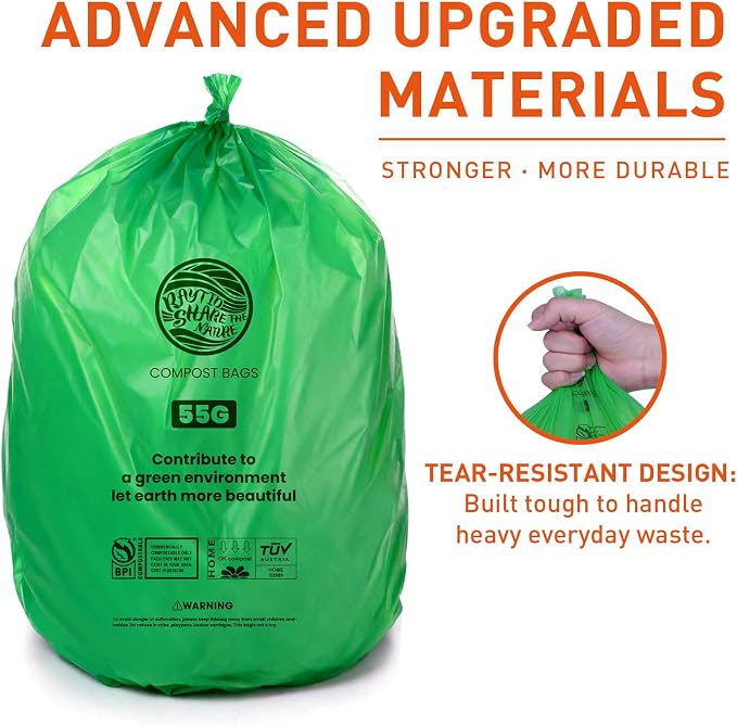55-60 Gallon Compostable Trash Bags Liners, Heavy Duty Extra Thick 1.57 Mil, 208.2 Liter, 15 Bags, Lawn, Yard, and Restaurant Use, ASTM D6400, US BPI, OK Compost Home Certified