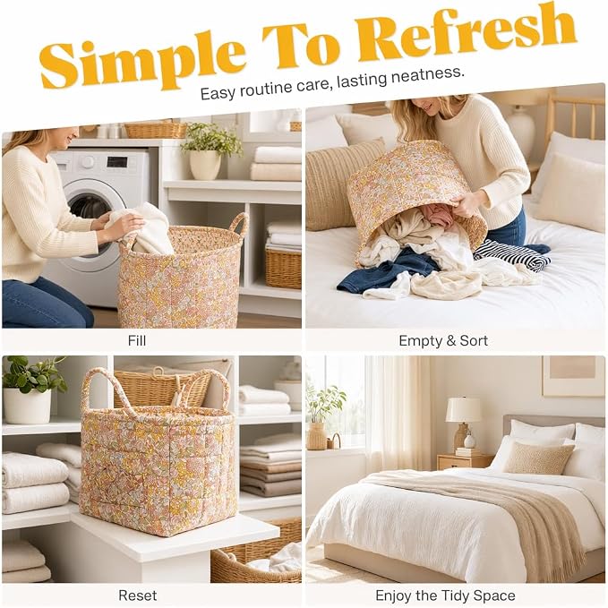 Foldable Laundry Boho Floral Quilted Storage Bin Basket with Handles for Clothes, Car Organizer, Collapsible Hamper ，1