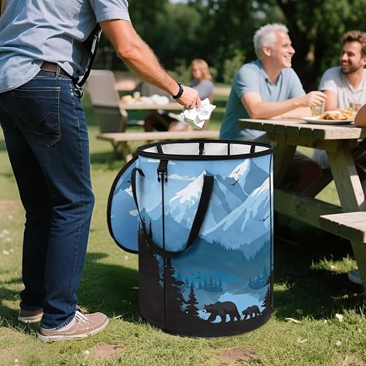 Snowy Mountains Bear Outdoor Trash Can with Lid 20+ Gallon Collapsable Trash Can Camping Large Capacity Design Garbage Bags for Rv, Backyard, Picnic