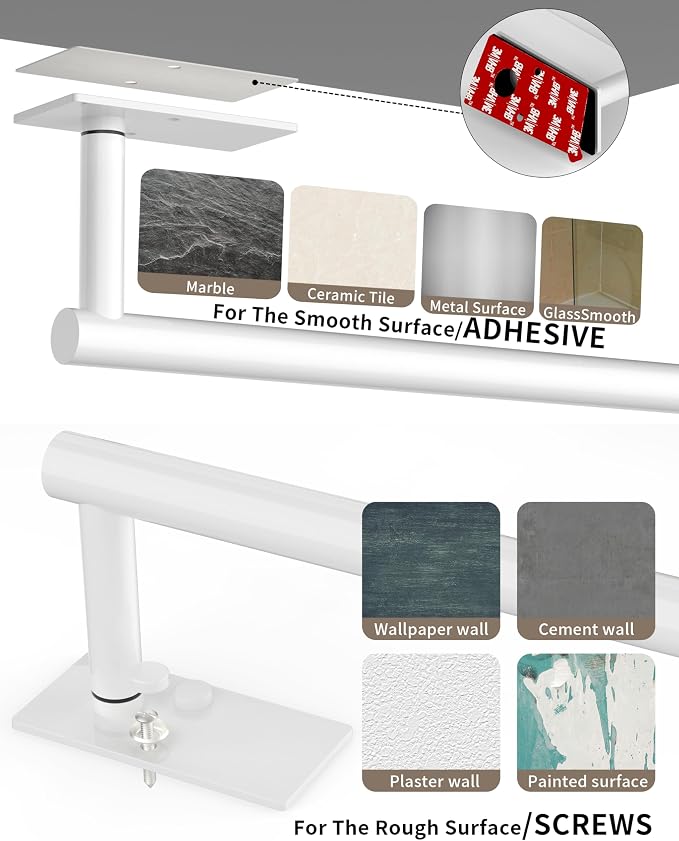 White Paper Towel Holder Under Cabinet Self Adhesive or Wall Mount | 304 Stainless Steel Post Pivoting Design No Drilling for Kitchen, Bathroom Waterproof & Rustproof, Square Base
