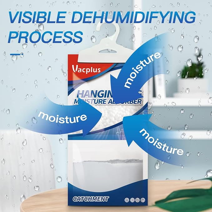 Vacplus Moisture Absorber, 15Pack Hanging, Strong Absorption, Unscented | Closet, Enclosed Spaces, Bathroom, Odor Eliminator, Dehumidifier Bags, 9.8 OZ