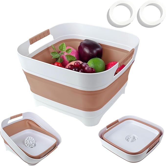 GIMWA 2.6 Gal(10L) Collapsible Wash Basin for Baby Bottles, Space-Saving Collapsible Dish Basin with Drain Plug for Bottle Washing, Collapsible Bucket for RV Kitchen Essentials (Brown)