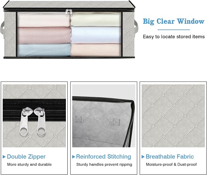 HomeHacks 4-Pack Clothes Organizer Storage Bags, 35L Storage Bins, White | Foldable Storage Box Container with Zippers, Clear Window, Reinforced Handles for Closet, Dorm, Pillows, Bedding, Sweater