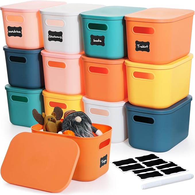 Thyle 12 Pack Classic Colorful Plastic Storage Bins with Lids, Back to School Stackable Storage Container with Handle Label for Organizing Toy Craft for Classroom Shelf Bedroom Office 10 x 7 x 6 Inch