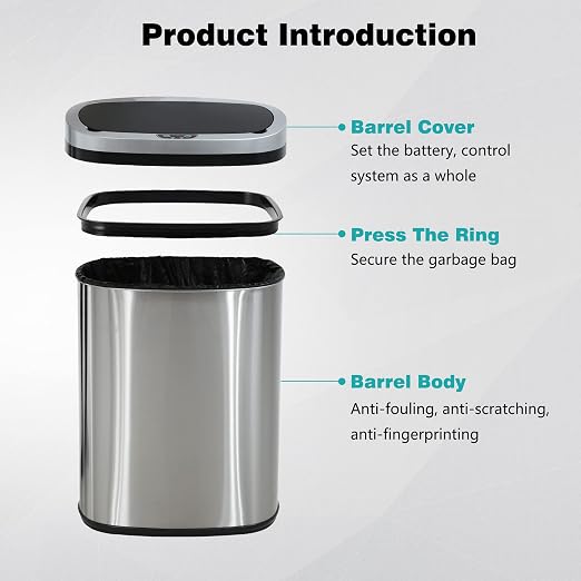 PayLessHere 13 Gallon / 50 Liter Trash Can Stainless Steel Touchless Trash Bin Oval Shape Office Waste Bin for Kitchen Bathroom Bedroom Living Room with Lid Powered by Batteries (not Included)