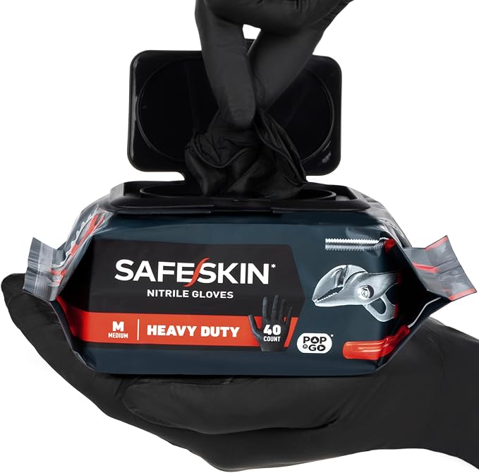 SAFESKIN Heavy Duty Nitrile Disposable Latex Free Gloves (40/160/1600 packs), Black Gloves for Food Prep, Cleaning, Mechanic