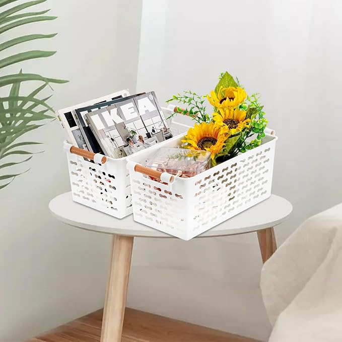 Yesland 6 Pack Plastic Storage Basket (10" L x 5" W x 5" H), White Organizing Bins with Handles, Sturdy Closet Baskets for CD/Office Supplies, Small Bathroom Pantry Kitchen Organizer