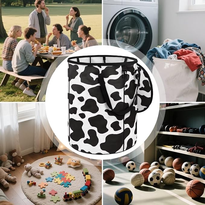 Cow Print 24 Gallon Large Capacity Collapsible Trash Can with Lid and Handles Outdoor Camping Waster Bag Garden Leaf Bin/Laundry Hamper/Childrens Toy Bin