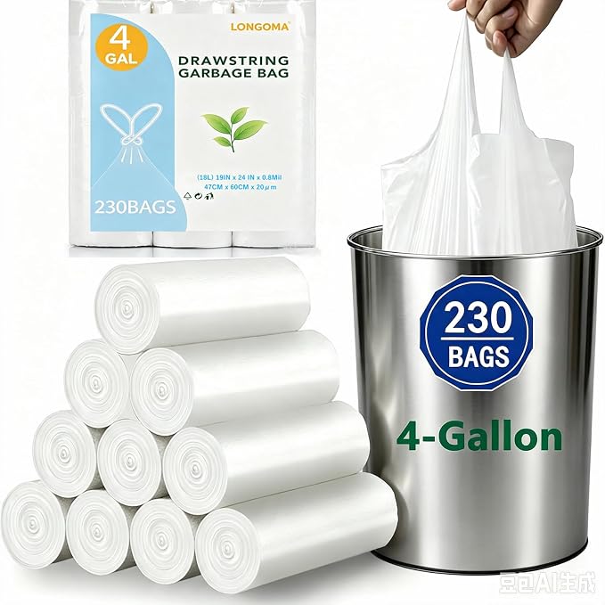 4 Gallon Trash Bags, 230 Counts Flexible & Durable Small Garbage Bags 24 x 19" Extra Thick Sturdy Trash Bag, Unscented & Easy Tearing 4-6 Gal Can Bin Plastic Bags for Home Office Kitchen Bathroom