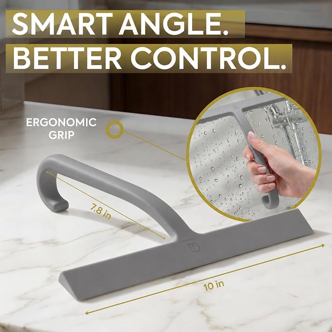 Shower Squeegee for Glass Doors, 10″ Gray with No-Drill J-Hook | Hang Anywhere Without Adhesive, Seamless One-Piece Silicone, Encased Steel Core, Streak-Free Shower Squeegee for Glass & Tile