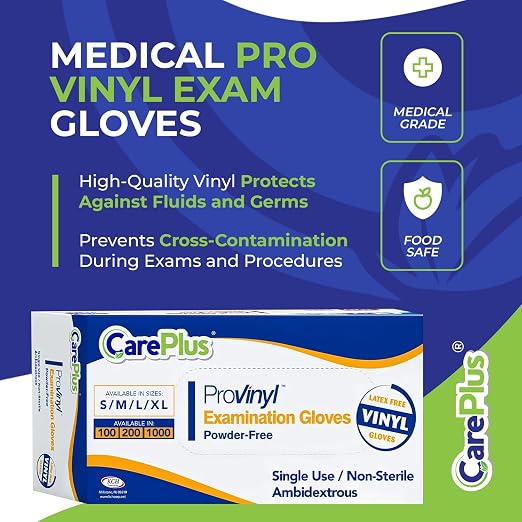 CARE PLUS Pro Vinyl Gloves Clear Large, Latex & Powder Free, 100 Count | Exam grade protection for food prep, hair coloring, salons & housekeeping; ambidextrous, tear resistant, comfortable fit