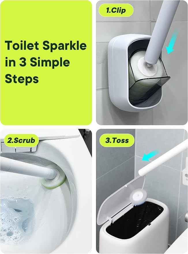 Disposable Toilet Brush and Holder Set, Toilet Bowl Cleaner Wand with 24 Refill Heads, Toilet Brush for Bathroom, Toilet Bowl Brush and Holder, Toilet Scrubber Kit with Storage