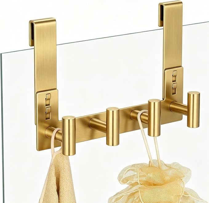 PMMASTO No-Drill Extra Long Shower Hooks, Fits 3/8" Thick Door, Heavy Duty Stainless Steel Towel Hooks for Frameless Glass Shower Door, Holds Bathrobe Towel (Gold, 4 T-Hooks)