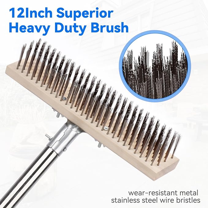 Heavy Duty Wire Broom with 70.8" Telescopic Handle: Stainless Steel Outdoor Broom for Cleaning Moss Concrete Floors Grout Gardens Patio Deck Concrete Garage (Style 2)