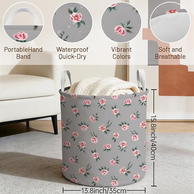 Pink Rose Kids Laundry Basket Foldable Hamper with Handles | Laundry Hamper Cute Nursery Storage Bin Baby Hamper for Girls Boys Bedroom Dorm Laundry Room Collapsible Toy Organizer