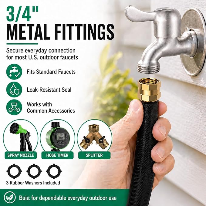 100FT Non-Expandable Flat Garden Hose with 10 Function Nozzle,No-Kink,Black | Lightweight Flat Water Pipe for Women & Seniors,Easy Storage Hose for RV, Patio, Small Backyard, Car Wash & Everyday Watering