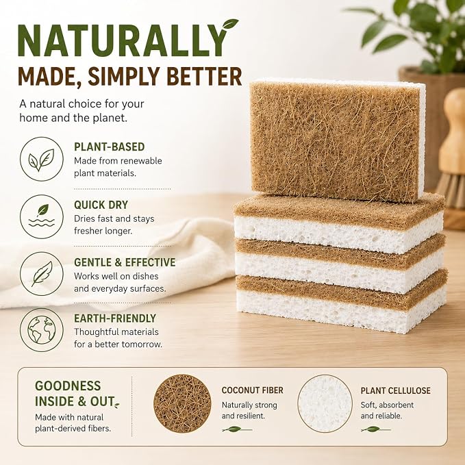 Plant-Based Kitchen Sponges, 5 Count, Cellulose Dish Sponges with Coconut Fiber Scrubber, Dual-Sided Cleaning Sponges for Dishes, Pots, Pans, Kitchen, Bathroom and Household