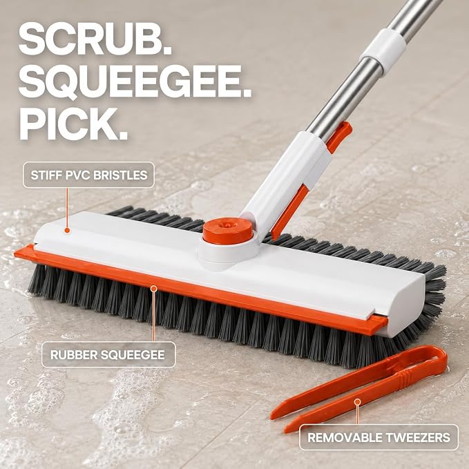 Heavy-Duty Floor Scrub Brush PRO with Long Handle,Squeegee&Stiff Bristles | Stable Locking Swivel Head Every 90°,Reinforced Stainless Pole,50" Long Reach,Indoor&Outdoor Use