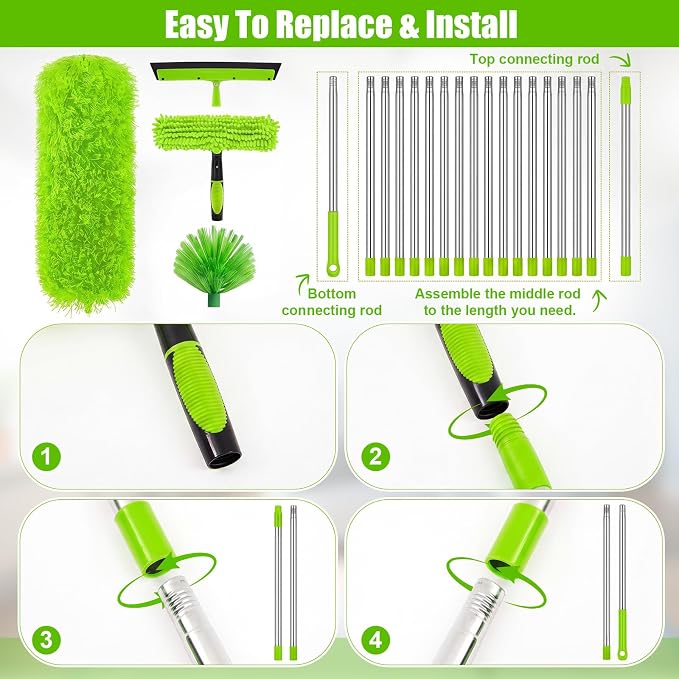 30 Feet High Reach Duster Kit with 2-24 ft Extension Pole High Ceiling Dusting and Window Cleaning Kit with Window Washer & Squeegee, Cobweb Duster, Washable Head for Ceiling Fan(Green)