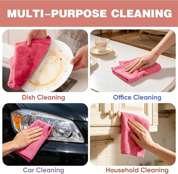TEAWOO 10 PCS Pink Microfiber Cleaning Cloths, Assorted Cleaning Rags | Microfiber Towels, Car Towels, Kitchen Towels, Bathroom Towels, Household Cleaning, 11.8"X11.8"