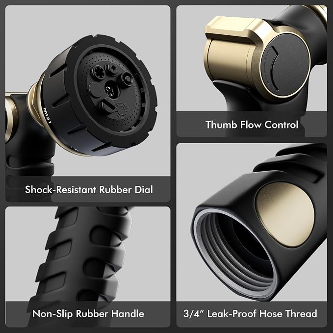 RESTMO Heavy Duty Hose Nozzle, Metal Garden Water Hose Sprayer | 7 Watering Patterns, Thumb Control, On Off Valve, Leak Proof Nozzle Sprayer for Watering Plants, Car & Pet Washing, Bronze