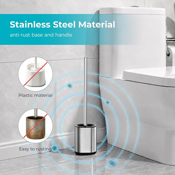 Sineng Silicone Toilet Brush, Stainless Steel Toilet Bowl Cleaner Brush | Long Handle and Flexible Bristles, Compact Toilet Bowl Brush with Weighted Base for Modern Bathroom RV Dorms