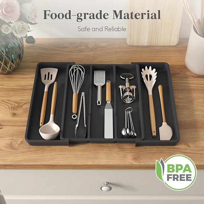 Lifewit Utensil Organizer for Kitchen Drawers, Expandable Utensil Tray | Adjustable Cooking Cutlery Silverware Flatware Holder, Plastic Spatula Tools Storage Divider, 11.5- 20 x 14.5", Black
