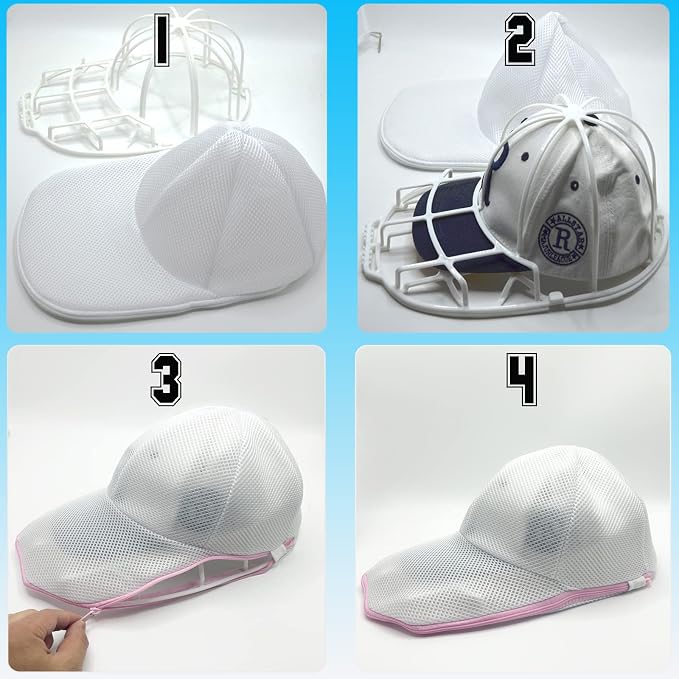 Hat Washer Cage for Washing Machine (2 Pack - White) | Baseball Cap Washer with Mesh Bags, for Washing Machine or Dishwasher, Ball Cap Washers Frame for Flat & Curved Hats