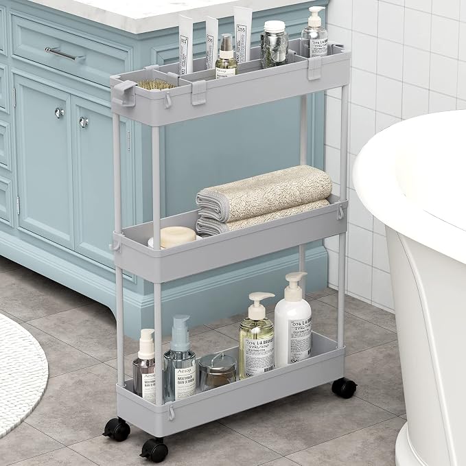 Slim Storage Cart 3 Tier,Bathroom Organizer Rolling Utility,Mobile Shelving Unit Slide Out for Office, Kitchen, Laundry Room & Narrow Places,Gray