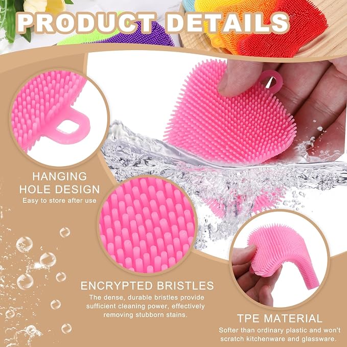uxcell Silicone Dish Scrubber, 3 Pack Reusable Dishes Sponges Silicone Sponges Double Design for Kitchen Bathroom Cleaning Gadgets Accessories Countertop Cookware Pots Pans, Pink