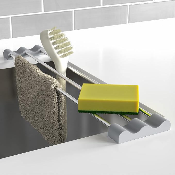 Tomorotec Adjustable Over-The-Sink Kitchen Rack, BPA-Free, Gray | Holds 16.5 Lbs; For Dishcloths, Sponges, and Brushes - Heat-Resistant Stainless Steel with Slim, Expandable Design