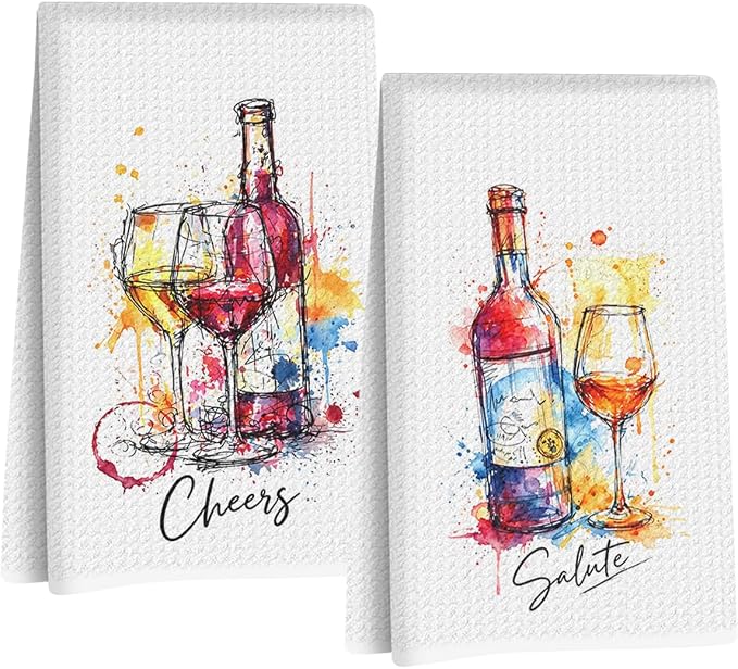2 Pcs Graffiti Wine Kitchen Towels, Italian Gifts Reusable Dish Towels | Waffle Weave Hand Cloth Tea Towel for Kitchen Bathroom Home Decor, Wine Lover Gifts for Women Mom Friend 24x14 Inch