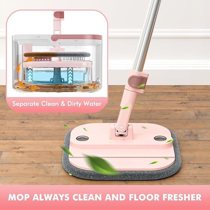 Spin Mop and Bucket System Kit, Self-Separating Cleaning Soil, Foldable Square Mop Bucket Head with Washable Interchangeable Mop Pads, Pink (Mop Set with 6PC Pads)