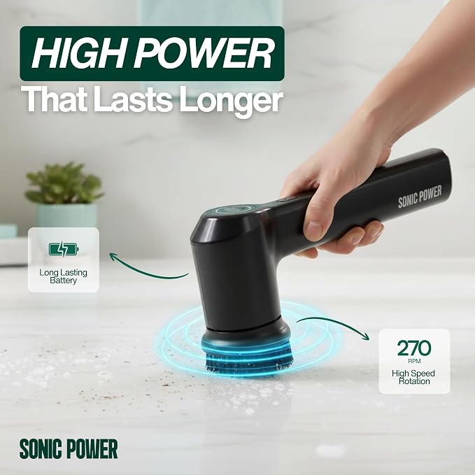 SonicPower Electric Spin Scrubber – Handheld & Ergonomic, IPX7 Waterproof, 4 Multi-Purpose Brush Heads, Long-Lasting Rechargeable Battery – Cleans Dishes, Bathroom, Tile, Grout & Kitchen (Black) | Handheld & Ergonomic, IPX7 Waterproof, 4 Multi-Purpose ...