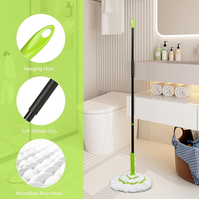 Self-Wringing Twist Mop,57" Long Handle, House Accessories,Green | Microfiber Floor Mop, Wet Mopping,House Accessories for Home,for Tile,Hardwood,Kitchen,Bathroom,Patio,Garage,Household Clean