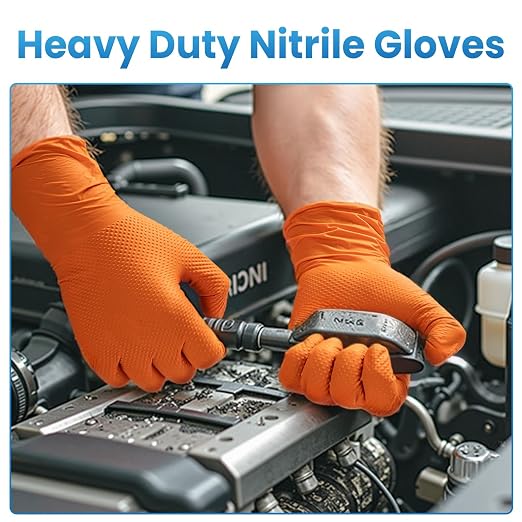 Borje Orange 8 Mil Nitrile Disposable Gloves, 100 Count, X-Large | Heavy-Duty, Latex & Powder Free, Raised Diamond Texture, Mechanic, Industrial, Automotive, Gardening