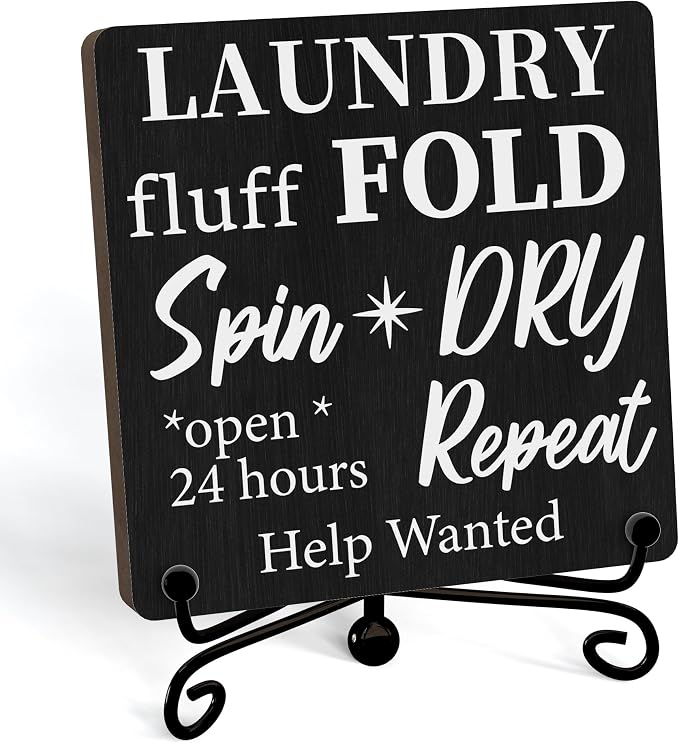 Laundry Room Sign, Washing Room Desk Decor, Laundry Fluff Fold Spin Dry Sign, Farmhouse Shelf Decor, 01