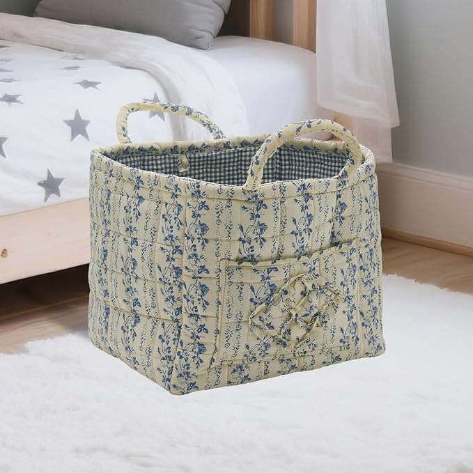 Quilted Fabric Storage Basket with Handles & Pocket, Foldable Laundry Hamper Boho Floral Print Organizer Bin for Home, Picnic, Office 12"x10"x10" (B-5)