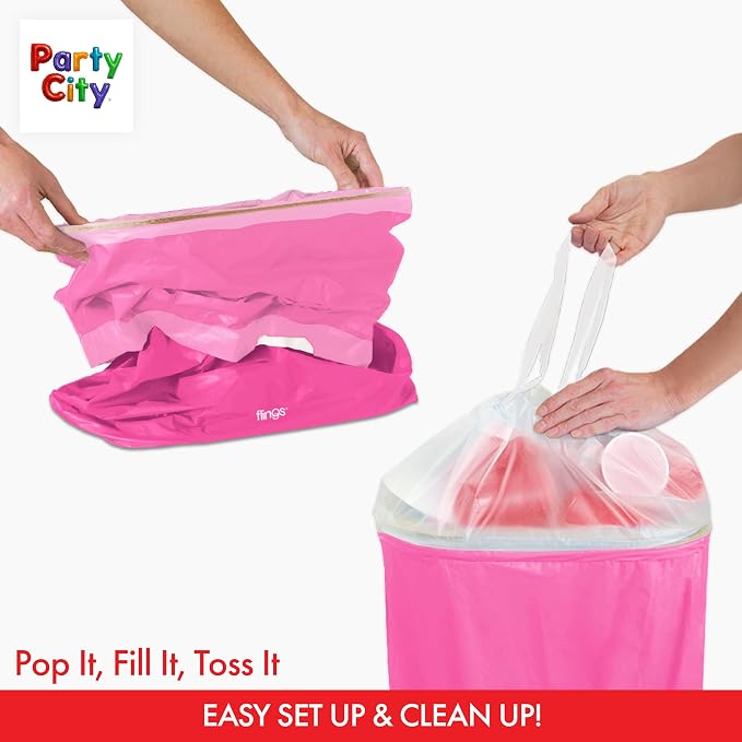 Party City Flings Plastic Bin (3-Pack) -Bright Pink (2) and Recycle (1) - 22 x 15 - Stylish & Convenient Portable Waste Solution for Events & Parties
