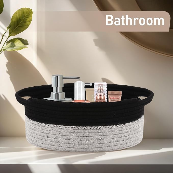 JMvicyroam Small Woven Basket, Empty Gift Basket, Black&Grey/1 Pack | Small Gift Basket, Cotton Rope, 12 x 8 x 78 in, Handles, Includes Ribbon and Bag, Birthday Gift Basket